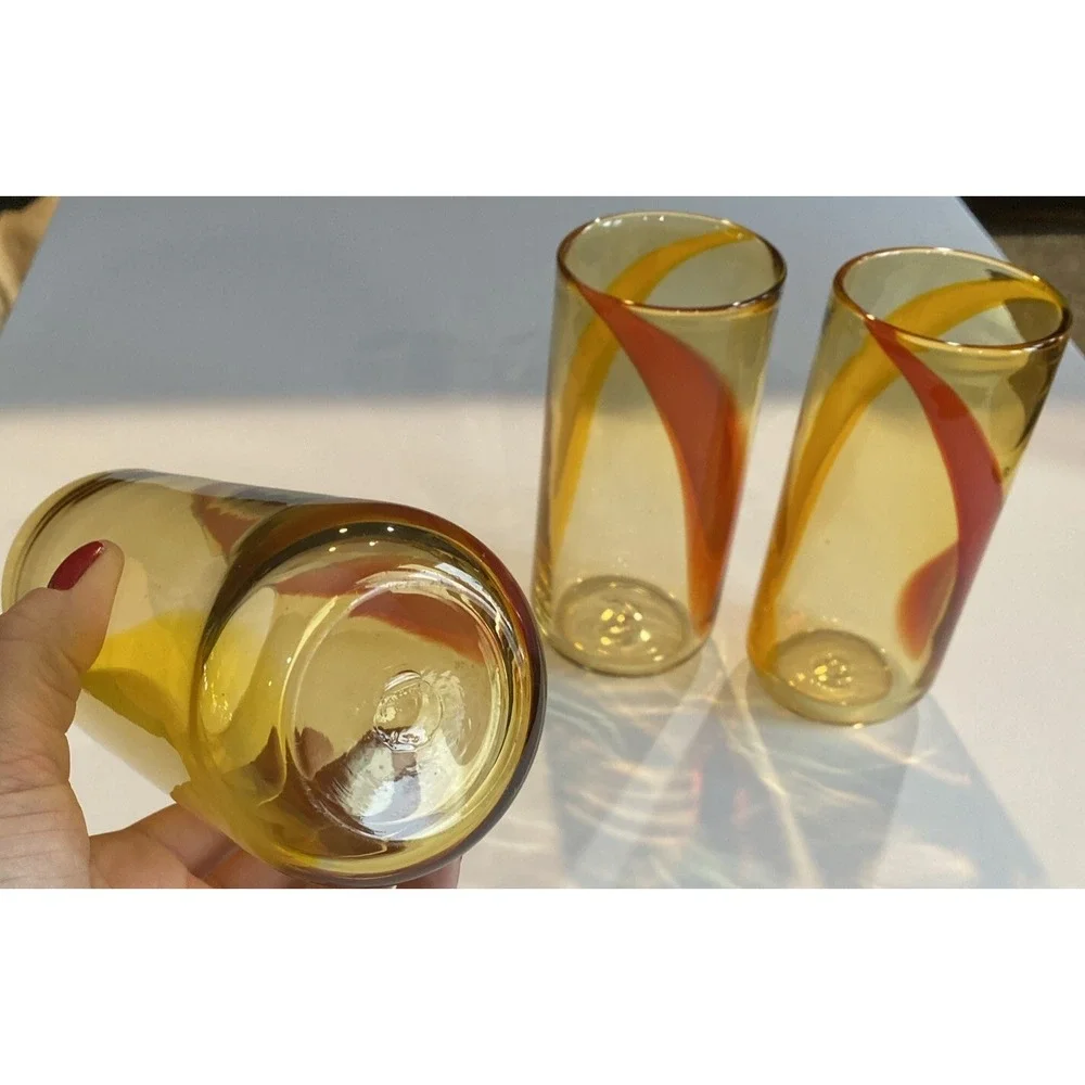 Handblown Glass Amber Glasses Orange and Red Set Of 3 6